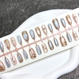 24 Pcs Flower Press on Nails Short Almond Fake Nails Gold Leaves & Pearl with Designs Full Cover Stick on Nail Glossy Blue Acrylic Artificial Nail for Women Nails Manicure Decoration