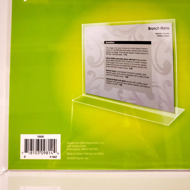 Staples Clear Acrylic 11"W x 8.5"H Horizontal Document Display Holder