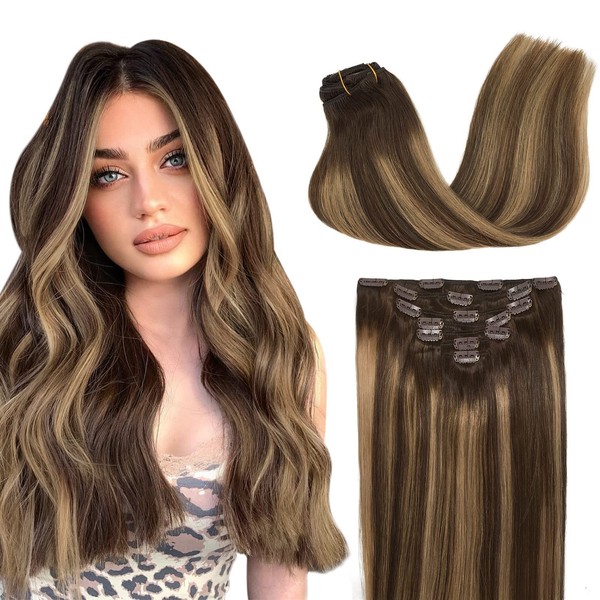 GOO GOO Clip in Hair Extensions 7pcs 120g Balayage Chocolate Brown to Caramel Blonde Natural Hair Extensions 18 Inch Real Hair Straight Human Hair Clip in Extensions