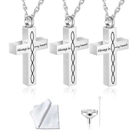 weikui Stainless steel cross urn necklace cremation jewelry for Ashes for Women/Men Keepsake simple striped pendant necklace-Always in my heart (Silver -3 piece)