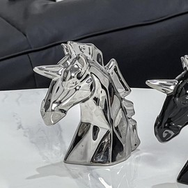 Hosoncovy Ceramic Unicorn Sculpture Ornament Unicorn Statue Figure Decor Home Decoration Room Decor for Living Room, Office Desktop, Shelf (Silver)