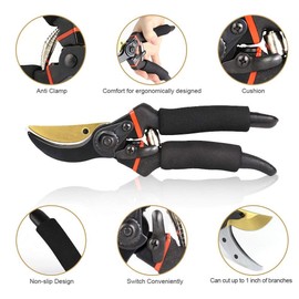 SEEYC Professional 8 inches Premium Titanium Bypass Pruning Shears, Premium Utility Garden Clippers Scissors Sponge Handle Protector,Tree Trimmers Secateurs Hand Pruners