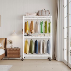 Higeego Rolling Garment Rack with Wheels, Heavy Duty Clothing Rack for Hanging Clothes, Load 480 LBS Metal Closet Rack Double Hanging Rods Portable Closet for Bedroom Storage, H2 Plus, White