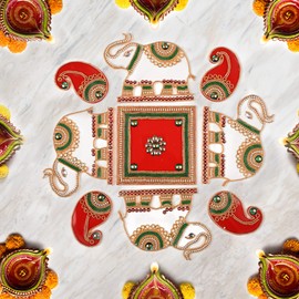 Floor Rangoli Acrylic Handcrafted Indian Traditional Home Décor for Festival Wedding Party Wall Interior Decoration and Gifting (White Elephant)