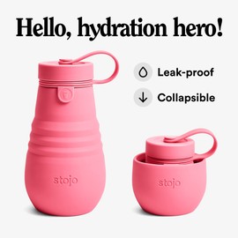 STOJO Jr Collapsible Bottle for Kids - Peony Pink, 14oz / 400ml - Leak-Proof Reusable Silicone Travel Cup for Hot & Cold Drinks - For Home, On-The-Go Camping & Hiking - Microwave & Dishwasher Safe
