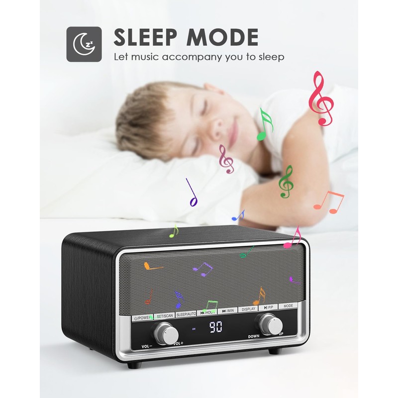 Vintage Wood AM FM Clock Radio with Bluetooth, Digital Clock