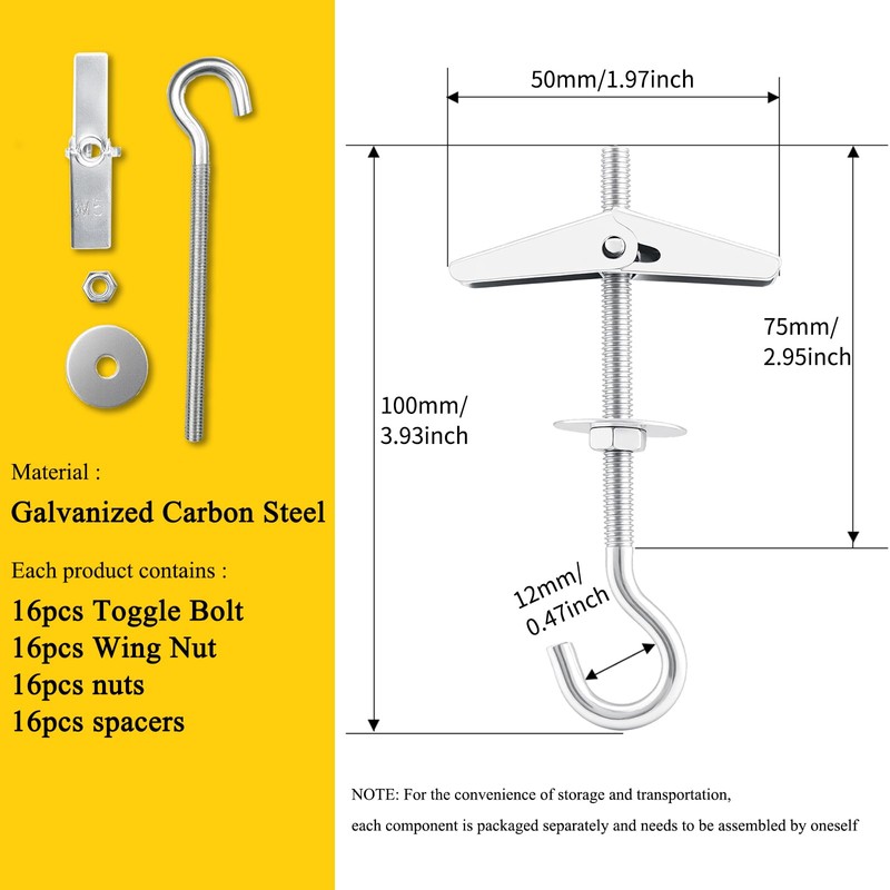 1/5" Heavy Duty Hook Toggle Bolts Set - 16 Packs