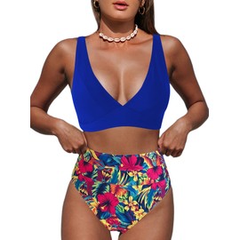 Hilinker - Traje de baño de bikini de leopardo para mujer, cuello en V, cintura alta, 2 piezas, Floral azul real., M