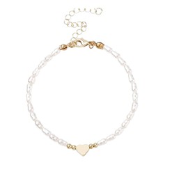 AzureRay Women's Bracelet, Golden Pearl Bracelets with Heart Pendant, 14K Gold-Plated Cuban Link, Elegant Everyday Jewellery as a Creative Gift for Women, Alloy Steel, No Gemstone