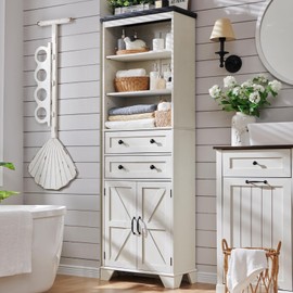ACCOHOHO 72" Tall Bathroom Storage Cabinet, Farmhouse Storage Cabinet with 2 Drawers, Adjustable Shelves & Barn Door, Cabinet for Bathroom, Living Room, Kitchen, Off White