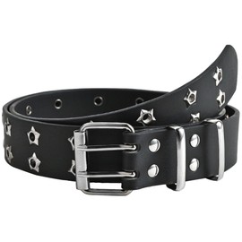 White Fang BT280 Women's Belt, Leather, Stylish, Chain, Keyring, Lock, Punk 2 Hole Belt, Star, Black