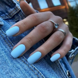 Light Blue Nails Press ons, Matte Press on Nails Medium Square Glue on Nails Medium Length, Short Acrylic Nails Glue on Medium Coffin Nails Fake Nails False Nails for Women Solid Color Gel Nails 24Pcs