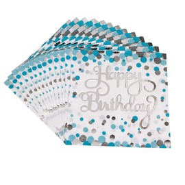 40PACK Happy birthday white background blue dot silver foil napkin 2 Ply Premium Disposable Eco-friendly Bar Napkins adult and child birthday party disposable napkins, Blue,Silver