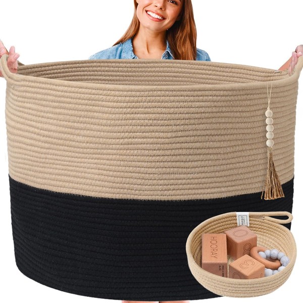 XXXXL WASHABLE Blanket Basket Living Room 2PCs Toy Baskets Storage Kids Woven Rope XXX Extra Large Basket for Blankets,Pillows,Throws,Laundry + Small Basket | Blanket Storage Basket (Black & Brown)