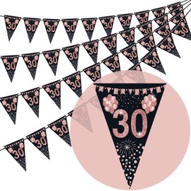 30th Birthday Bunting, Happy Banner Bunting Flags, 40 Pieces Triangle Rose Gold Glitter Diamond by Numbers 30th Birthday Anniversary Theme Party Decoration Supplies