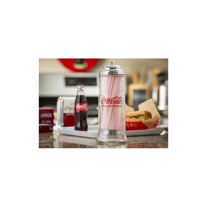 Tablecraft CC322 Coca-Cola Glass Straw Dispenser with Metal Lid, Small