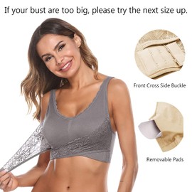 iClosam Lace Bra Women's Sports Bra Women Bra for Without Underwire Bustier Lace Bra with Padding Breathable Non-Wired Bra Front Closure Push Up Comfortable Bustiers Bra Padded L-3XL, gray