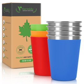 Vermida Stainless Steel Cups for Kids and Toddlers Stackable, 12oz Stainless Steel Kids Cups with Silicone Sleeves Sweat Proof, Unbreakable Metal Cups for Home & Outdoor, BPA Free (4 Pack)