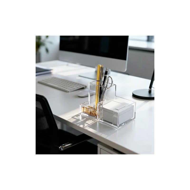 HBlife Acrylic Pen Holder - 3-Compartment Desk Organizer