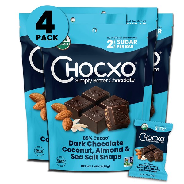 Chocxo Dark Chocolate Coconut Almond & Sea Salt Snaps - Low in Real Sugar, Organic, Non-GMO, Keto Certified, Gluten Free & Kosher, No Artificial Sweeteners or Sugar Alcohols, 3.45oz/98 g (Pack of 4)