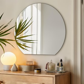 TheiaMo Half Moon Bathroom Mirror 28", Modern Frameless Wall Mirror, Hanging Decorative Vanity Mirror, Minimalist Explosion Proof Semi Circle Mirror for Living Room Bedroom Entryway, Down Cut
