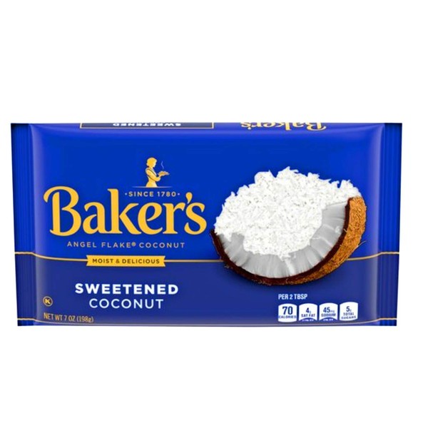 Baker's Angel Flake Coconut Sweetened (2 pack) 7-Ounces each bag Thank you so much for your purchase. I hope you are happy with it and I hope to do business with you again.