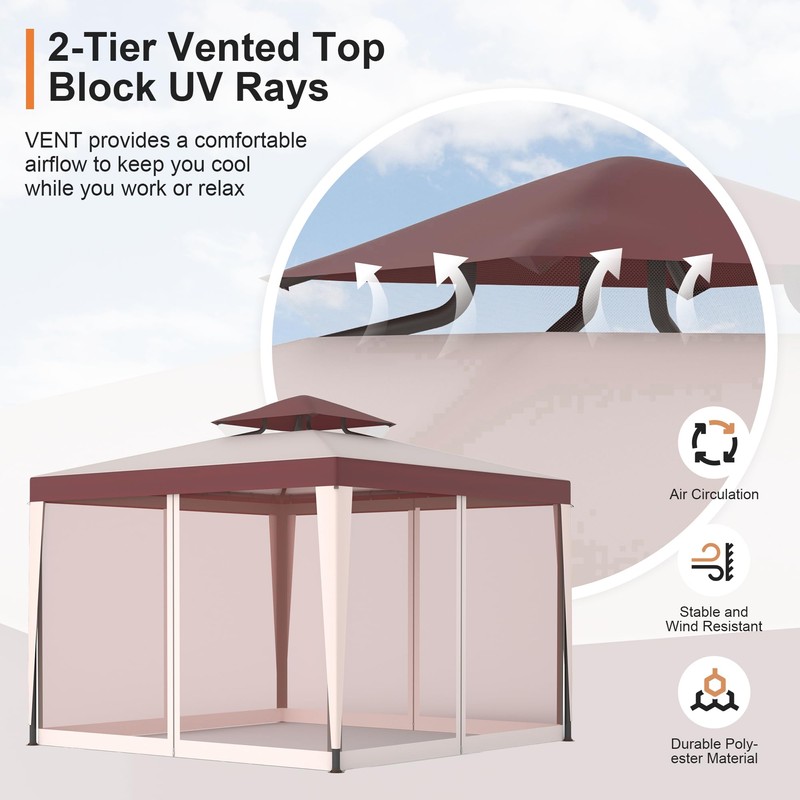 Patio Gazebo Tent Outdoor Canopy Shelter 10'x10' with Removable Netting,100