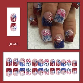 24Pcs Independence Day Press on Nails 4th of July Fake Nails Short Square False Nails Patriotic Stick on Nails Glitter Red Blue French Tip Glue on Nails Full Cover Acrylic Nails for Women Manicure