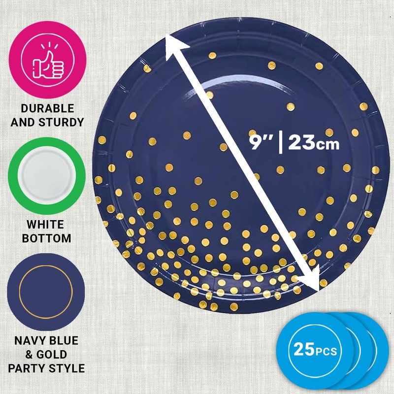 CUSINIUM 25-Pack 9" Navy and Gold Paper Plates - Suitable