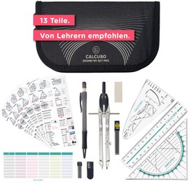 CALCUSO CALCUSO GEOMETRIE SET PRO in schwarzer Federmappe/Federmäppchen mit Zirkel und Geodreieck - Praktisches Mäppchen für Schule, Uni, Büro und Zeichnungen - Ideal als Geometrie-Set für die Schule
