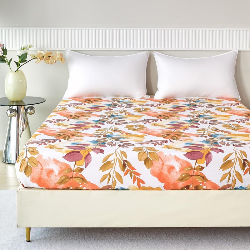 Jemiipee Double Fitted Sheet Mustard Yellow Tropical Leaves Pattern, 30