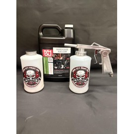 Gallon NH Oil, Standard Undercoating Spray Gun, and 2 White Quart Bottles