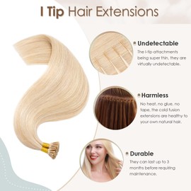 Elailite I Tip Hair Extensions Real Human Hair 100 Strands 50g Cold Fusion Remy Hair Straight - (#18/613 Ash Blonde Mix Bleach Blonde, 16 Inch)