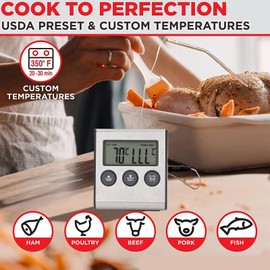 Digital Meat Thermometer with Timer, 1M Stainless Steel Probe - 250℃/482℉ Oven Safe Food Thermometer for Grilling, Baking & BBQ, Magnetic Back & Stand