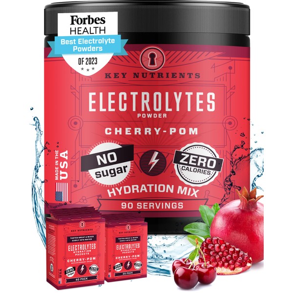 KEY NUTRIENTS Electrolytes Powder No Sugar - Sweet Cherry-Pom Electrolyte Drink Mix - Hydration Powder - No Calories, Gluten Free - Powder and Packets (20, 40 or 90 Servings)