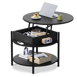 WLIVE 27" Round Lift Top Coffee Table with Storage Shelf and Hidden Compartment,Farmhouse Small Coffee Table with 2 Tier for Living Room and Home Office, Black