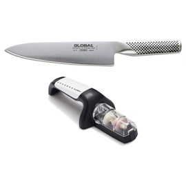 Global Stainless Steel 8-Inch Chef`s Knive with 2-Stage Handheld Knife Sharpener G-91 (White)