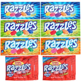 Razzles Candy Gum, 8 Pack Gum Variety, 4 Flavors(2 packs of each, 1.4oz Bags) Berry, Tropical, Sour & Original Of Candy Then It's Gum, Fruit Gum Flavors
