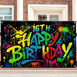 16th Birthday Banner Polyester Graffiti Backdrop Decor 71"x43