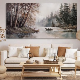 HGUAOA Mountain Canvas Wall Art Rustic Lake Landscape - Nature & Forest Scenery Paintings Pictures for Living Room & Bedroom Wall Decor Vintage Artwork for Walls
