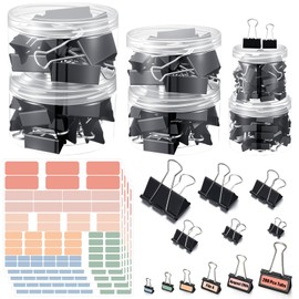 Fuyoooo 208 Pcs Assorted Sizes Binder Clips with Index Tabs Including Extra Large Medium Small Mini and Micro, 6 Sizes Binder Paper Clips with Sticky Tabs for Office, School and Home
