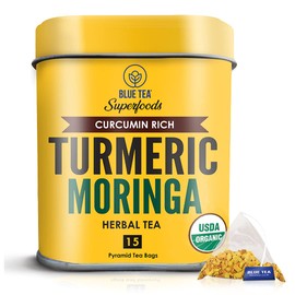 BLUE TEA- Organic Turmeric Moringa Tea - 15 Pyramid Tea Bags || SUPERFOOD || Rich in Curcumin - Herbal Immunity Booster Tea | | Plastic-Free , Non-GMO, Vegan | Premium Tin pack |