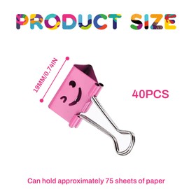 Foldback Clips, Pack of 40 Smile Clips, Metal, Paper Clips with Box, 19 mm Binder Clips, Large Paper Clips, Foldback Clips for Notes, Organising, Classification, Holds 75 Sheets of Paper