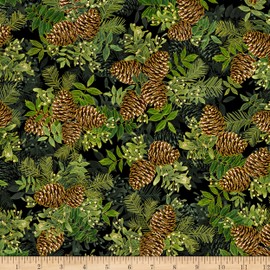 Timeless Treasures Metallic Holiday Spice Small Pinecone Bouquets Black, Quilting Fabric by the Yard