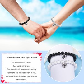 CheersLife 2pcs Matching Heart Projection Stone Couple Bracelets for Men Women I Love You in 100 Languages Lover Bracelets Valentine's Day Gifts for Husband Wife, Stainless Steel, Bead
