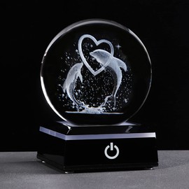 80MM Crystal Ball Engraved Dolphins Figurine Ornament with Colorful LED Stand, Glass Double Dolphin Gifts for Women Friends on Christmas Valentine's