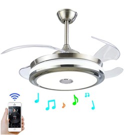 A Million 36” Modern Ceiling Fan Light with Smart Bluetooth Music Player Chandelier Retractable Blades Remote Control Three Speeds Three Color Changes Pendant LED Light Kit include (Silver)