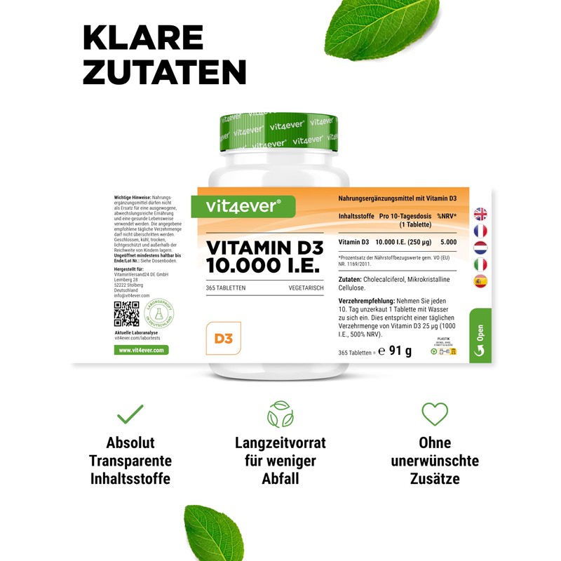 Vitamin D3 10.000 IU 365 Tablets, High Dosage, Daily Dose