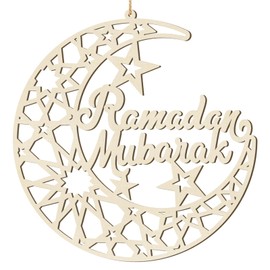 Ramadan Decorations Eid Mubarak Wreath Door Sign Wooden Hanging Signs, Kareem Hollow Ornament Moon and Stars, Moon Shape Ramadan Mubarak Party Wood Wall Hanger for Islamic Muslim Home Decor