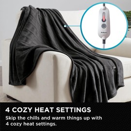 Brookstone Oversized Electric Heated Throw - Heated Blankets - 4 Heat Settings, 4-Hour Auto Shut Off, 100% Polyester, 50"x60" - Black